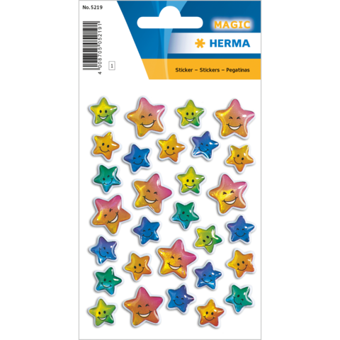 Bunte Sternaufkleber in verschiedenen Farben und Gesichtsausdrücken, auf einem Kartenblatt angeordnet.