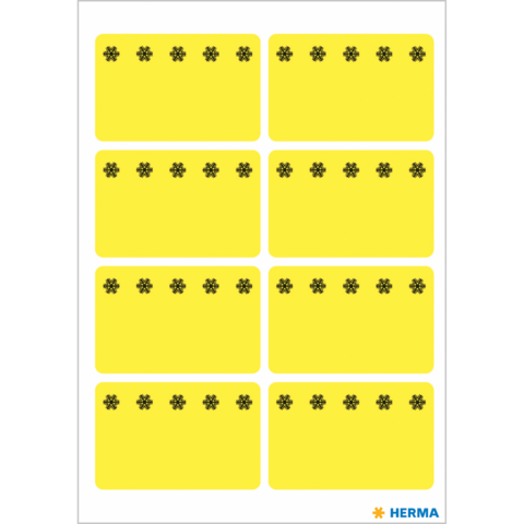 Gelbe Etiketten mit schwarzen Blütenmotiven, angeordnet in einem 3x3-Raster auf einem weißen Hintergrund.