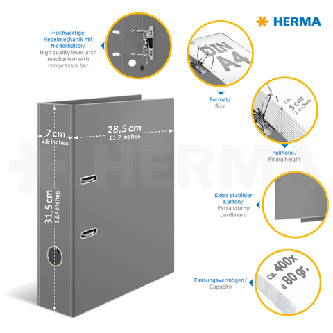 Grijze ringband met hefmechanisme, afmetingen 31,5 cm x 28,5 cm x 7 cm, geschikt voor A4-documenten, capaciteit ongeveer 400 vellen.