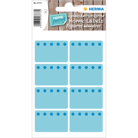 Blaue Etiketten mit Blumenmuster, geeignet für die Beschriftung von Haushaltsgegenständen. Verpackung enthält mehrere Etiketten.