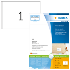 A5 Adressetiketten von HERMA, inklusive Informationen zur Verwendung und Software, auf einem weißen Hintergrund.