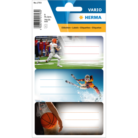 Sportieve etiketten met motieven van American football, skiën en basketbal, elk met ruimte voor opschriften.