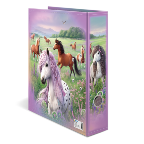 Ein Ordner mit bunten Pferdemotiven, darunter ein weißes Einhorn mit lila Haaren und mehrere andere Pferde in einer blühenden Wiese.