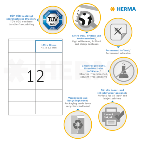 TÜV SÜD bevestigt storingsvrij printen. Bevat informatie over etiketten met permanente hechting, chloorvrij gebleekt, geschikt voor laser- en inkjetprinters.