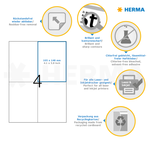 Selbstklebende Etiketten von HERMA, 105 x 148 mm, geeignet für Laser- und Inkjetdrucker, rückstandsfrei ablösbar, aus recyceltem Karton.