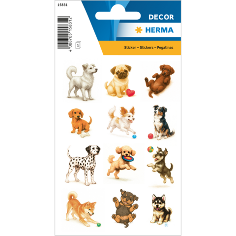 Sticker met verschillende honden in diverse poses en rassen, waaronder een Chihuahua, een Dalmatiër en een Poedel.
