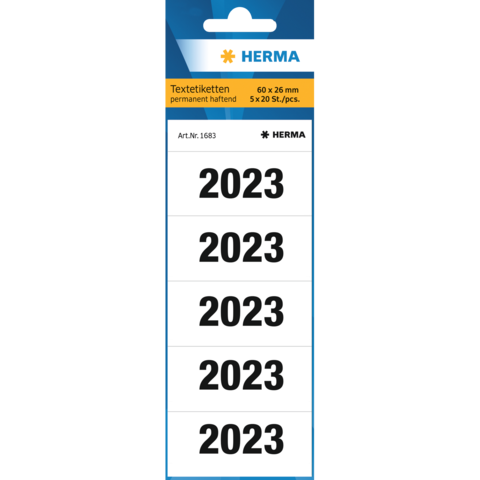 Textetiketten mit der Aufschrift "2023", 60 x 26 mm, 5 x 20 Stück, permanent haftend, von der Marke HERMA.