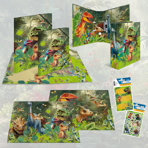 Dinosaurusthema-mappen en -ordners met kleurrijke illustraties van verschillende dinosaurussen in een jungleomgeving. Bevat ook stickers.