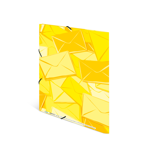 Gelbe Ordner mit einem Muster aus Briefumschlägen, die übereinander angeordnet sind.