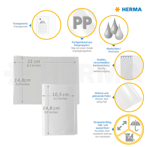 Transparante polypropyleen hoezen met stevige randen, afwasbaar en scheurbestendig. Afmetingen: 21 x 14,8 cm en 10,5 x 14,8 cm.