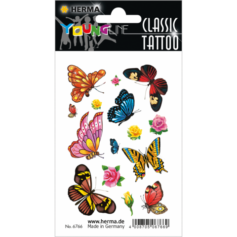 Bunte temporäre Tattoos mit verschiedenen Schmetterlingen und Rosen auf einem schwarzen Hintergrund.