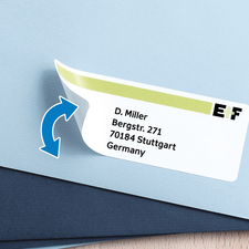 Visitenkarte mit dem Namen D. Miller, Adresse Bergstr. 271, 70184 Stuttgart, Deutschland und einem Logo in der oberen Ecke.