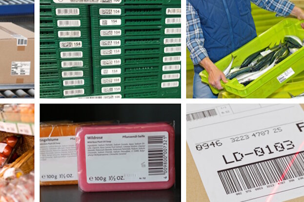 Verschillende verpakkingen en containers met etiketten, waaronder transportdozen, herbruikbare kosten, vlees, fruit en groenten, zeep, evenals een logo met de letters PPWR en EU-sterren.