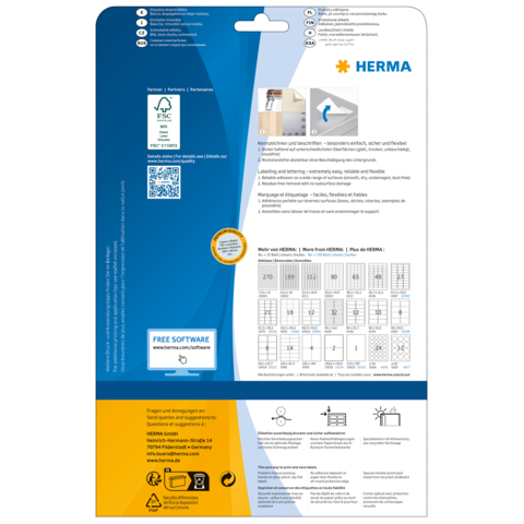 Rückseite einer Verpackung für Etiketten von HERMA, mit Informationen zu Software, Anwendungshinweisen und einem QR-Code.