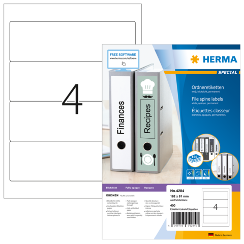 Ordneretiketten für Finanzen und Rezepte, inklusive Vorlage-Software. Packungsinhalt: 400 Etiketten, Größe 192 x 61 mm.