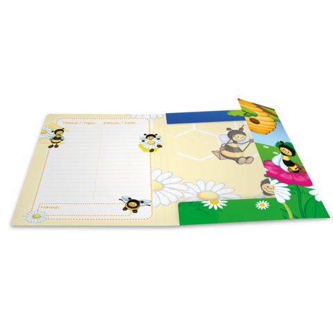 Ein bunter Notizblock mit Bienenmotiven, Blumen und einem Kästchen für Notizen auf der linken Seite.