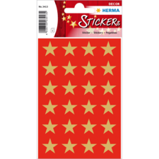 Rote Sticker mit goldenen Sternen in einem 4x5-Raster auf einer Verpackung. Enthält 20 Sterne.