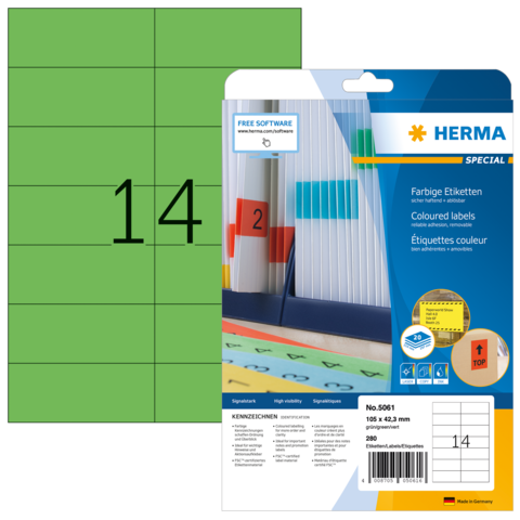 Grüne Etiketten mit der Nummer 14, verpackt von Herma. Enthält farbige Etiketten für verschiedene Anwendungen.