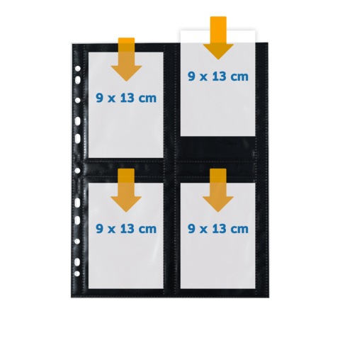 Vier Taschen für Fotos im Format 9 x 13 cm in einem schwarzen Album mit Pfeilen, die die Größe anzeigen.