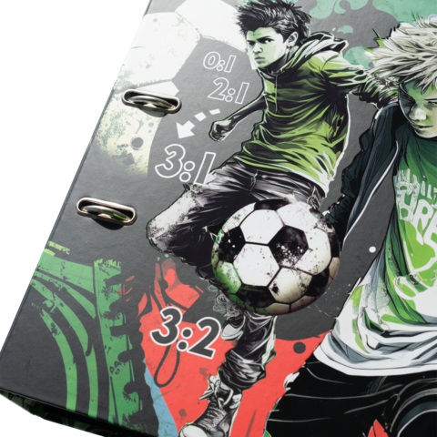 Ein Ordner mit Fußballmotiven, der zwei Spieler zeigt, die einen Ball dribbeln, umgeben von Spielständen und grafischen Elementen.