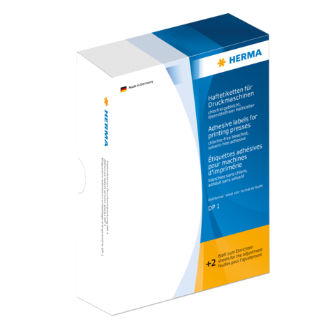 Haftetiketten für Druckmaschinen in einer Verpackung von HERMA, mit Informationen zu Anwendung und Eigenschaften.