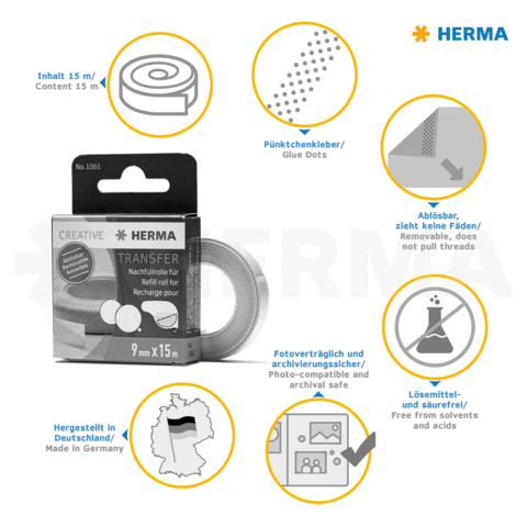 Transferklebeband von HERMA, 15 m lang, 9 mm breit, geeignet für Fotodokumente, ablösbar und archivierungssicher.