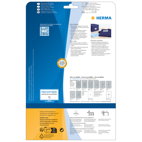 Rückseite einer Verpackung für Etiketten von HERMA, mit Anweisungen, QR-Code und Informationen zur Software.