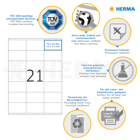 TÜV SÜD bestätigt störungsfreies Drucken. Details zu Etiketten: extra weiß, permanent haftend, chlorfrei gebleicht, für Laser- und Inkjetdrucker geeignet.