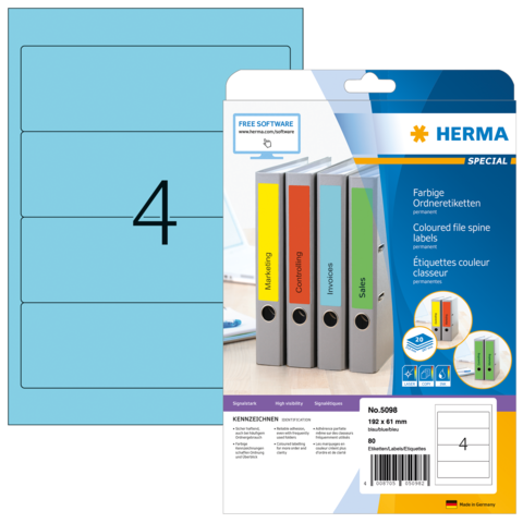 Farbige Ordneretiketten von Herma, inklusive Beispiel für die Verwendung. Enthält die Nummer 4 und Hinweise zur Software.