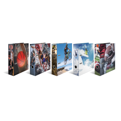 Sechs Ordner mit Sportmotiven, darunter Basketball, BMX, Snowboarden und American Football, in einer Reihe angeordnet.