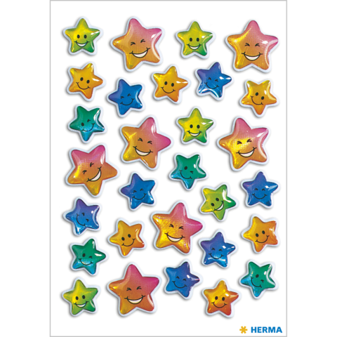 Bunte Aufkleber in Form von Sternen mit lächelnden Gesichtern in verschiedenen Farben und Designs.