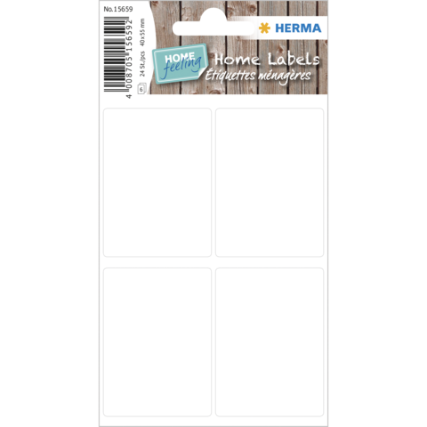 Leere Etiketten für den Heimgebrauch, verpackt in einer transparenten Hülle, mit der Marke Herma und dem Titel „Home Labels“.