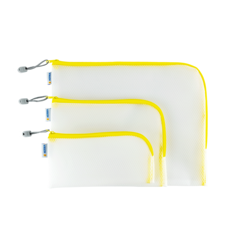 Drei durchsichtige Taschen mit gelben Reißverschlüssen in unterschiedlichen Größen, geeignet für die Aufbewahrung von Kleinigkeiten.