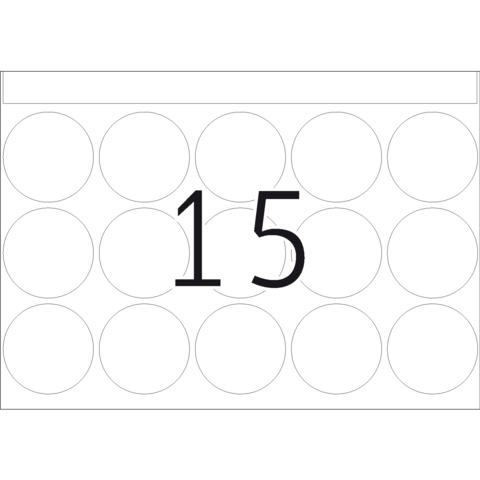 Ein Kalenderblatt mit der Zahl 15 in der Mitte, umgeben von leeren Kreisen.