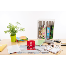 Ein Schreibtisch mit Büromaterialien, darunter ein roter Ordner, Notizbücher, eine Pflanze und ein Hefter.