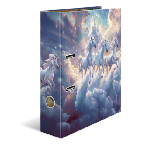 Ein Ordner mit einem fantasievollen Design, das weiße Einhörner zeigt, die durch eine wolkige Landschaft fliegen, vor einem märchenhaften Schloss.