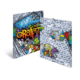 Bunte Graffiti-Kunst auf einer Ziegelwand, mit verschiedenen Figuren und Schriftzügen, die lebendige Farben und kreative Designs zeigen.