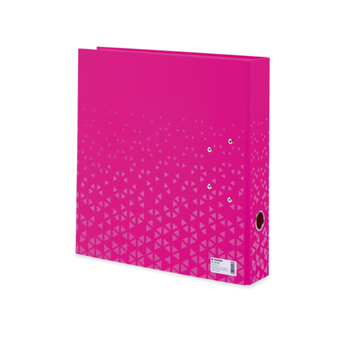 Rosa Ordner mit einem geometrischen Muster aus Dreiecken, der von oben nach unten verblasst. Enthält eine Etikette auf der Vorderseite.