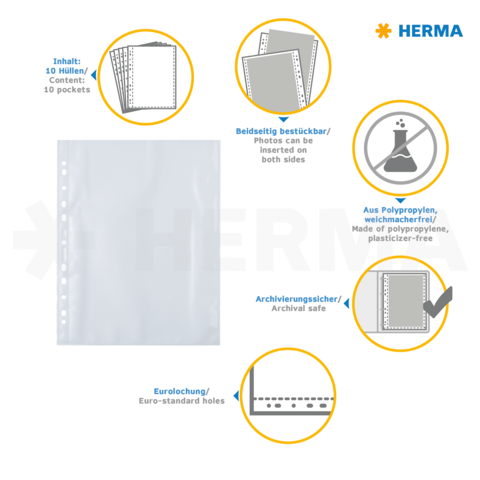 Transparente Sammelmappe mit 10 Taschen, beidseitig bestückbar, aus Polypropylen, archivierungssicher, mit Eurolochung.