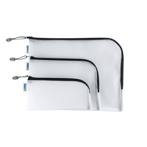 Drei transparente Taschen in verschiedenen Größen mit schwarzem Reißverschluss und grauen Zugbändern.