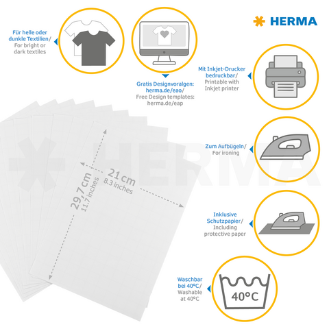 Transferpapier voor textiel, afdrukbaar met een inkjetprinter. Bevat beschermpapier, wasbaar tot 40°C, geschikt voor lichte en donkere stoffen.