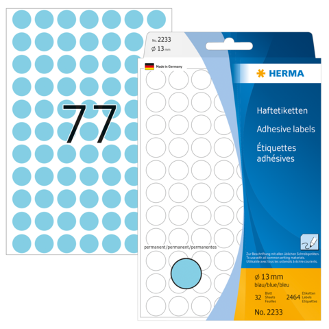 Blau-weiße Haftetiketten mit einem Durchmesser von 13 mm, verpackt in einer transparenten Hülle, mit der Nummer 2233.