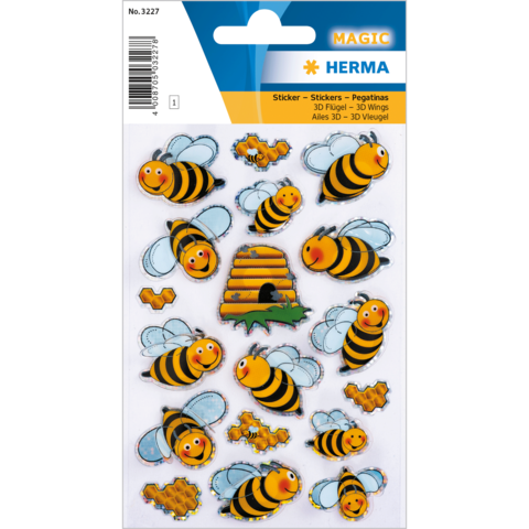 Bunte Aufkleber von Bienen und einem Bienenstock, mit 3D-Flügeln und verschiedenen Designs. Ideal für Bastelprojekte.