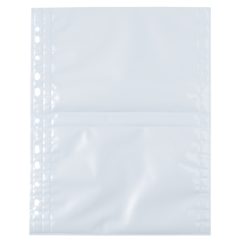 Transparente, gelochte Kunststoffhülle mit zwei Fächern, geeignet zur Aufbewahrung von Dokumenten oder Bildern.