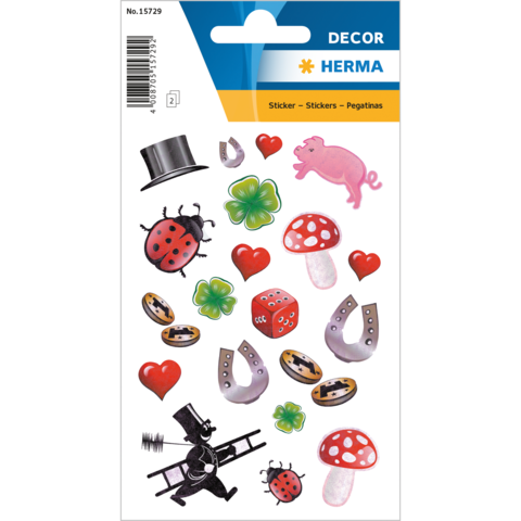 Bunte Aufkleber mit verschiedenen Motiven wie Marienkäfer, Pilzen, Herzen, einem Schwein, Hufeisen und einem Zylinder.