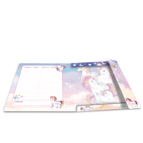 Ein offenes Notizbuch mit einem bunten Einhorn-Motiv, leeren Seiten für Themen und einem Lesezeichen auf der rechten Seite.