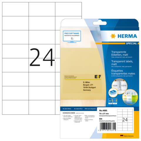 Transparente Etiketten von Herma, 70 x 37 mm, Packung mit 600 Stück, inklusive Software-Hinweis und Beispieladresse.