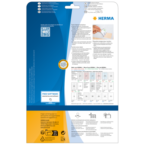 Rückseite einer Verpackung mit Informationen zu HERMA-Etiketten, einschließlich Anleitungen, QR-Code und Software-Hinweis.