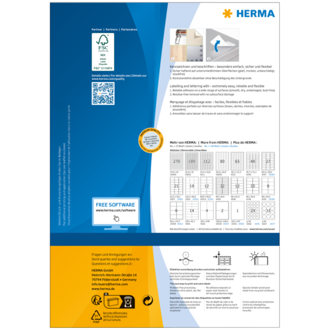 HERMA Produktinformation mit Details zu Etiketten, Software und Anwendungshinweisen. Enthält QR-Code und Tabellen für verschiedene Formate.