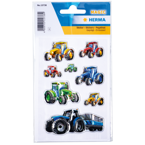 Aufkleber mit verschiedenen Traktoren in verschiedenen Farben und Designs, auf einem weißen Hintergrund angeordnet.
